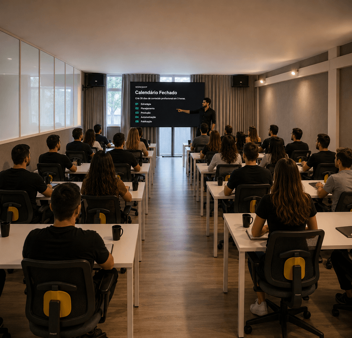 Sala do Workshop UNI IA preparada para a turma — espaço presencial em Lourdes, BH