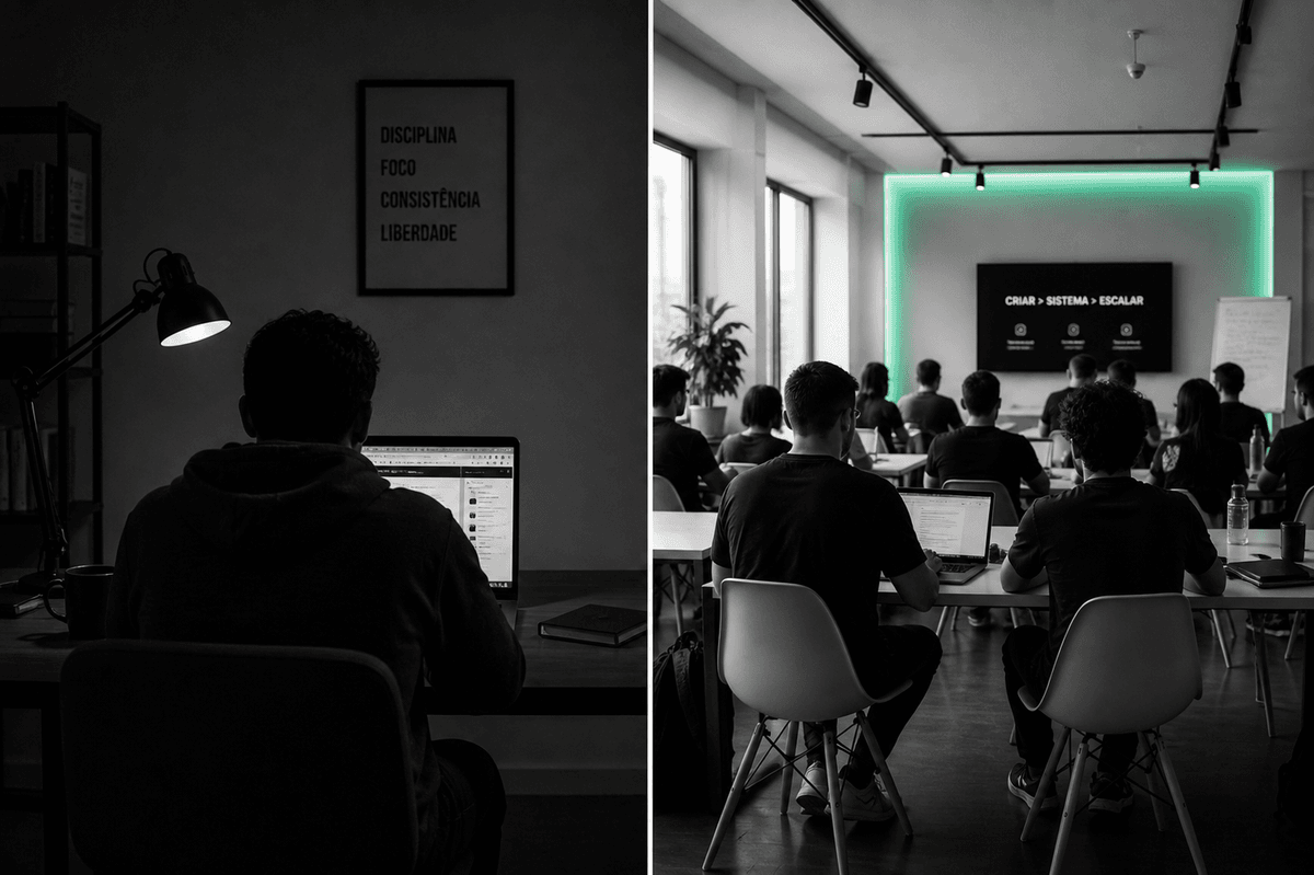 Comparativo visual: pessoa estudando sozinha em casa à noite versus sala presencial cheia com projeção